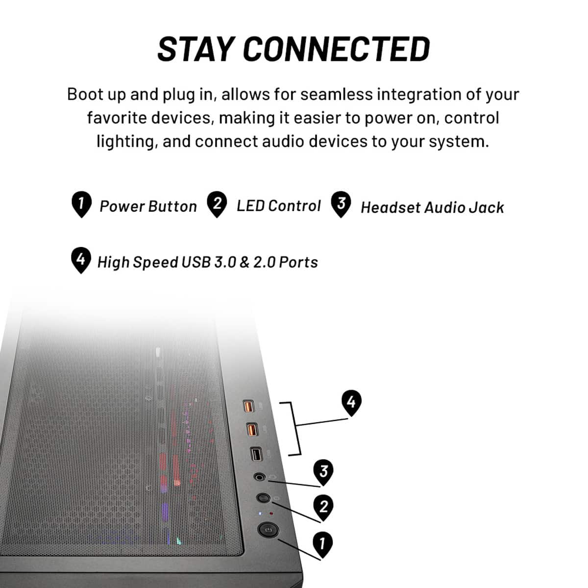 STAY CONNECTED Boot up and plug in, allows for seamless integration of your favorite devices, making it easier to power on, control lighting, and connect audio devices to your system. 1 Power Button 2 LED Control 3 Headset Audio Jack 4 High Speed USB 3.0 & 2.0 Ports