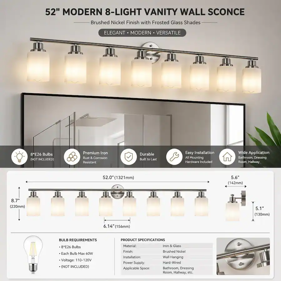 Forestud Light RYHNUYNE Brushed Nickel 8‑Light Bathroom Vanity Light, Modern Wall ...