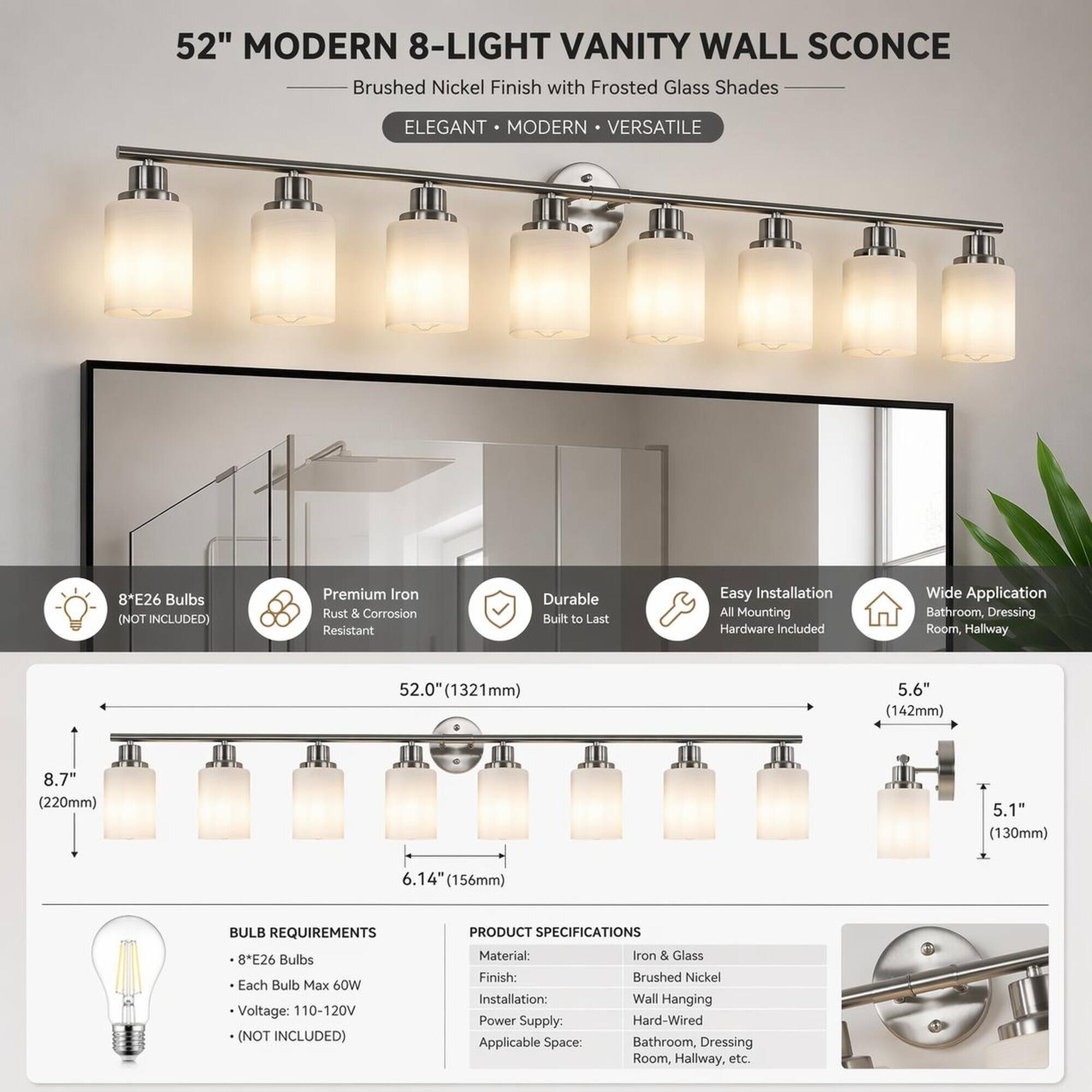 RYHNUYNE Brushed Nickel 8‑Light Bathroom Vanity Light, Modern Wall ...