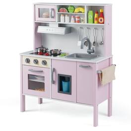 Costway - Kids Kitchen Playset Wooden Pretend Play Chef Toy with Microwave & Accessories - Pink,White