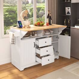 Whisen - 56" Large Kitchen Island, Rolling Cart with Power Outlet, Drop Leaf for Dining Room - White