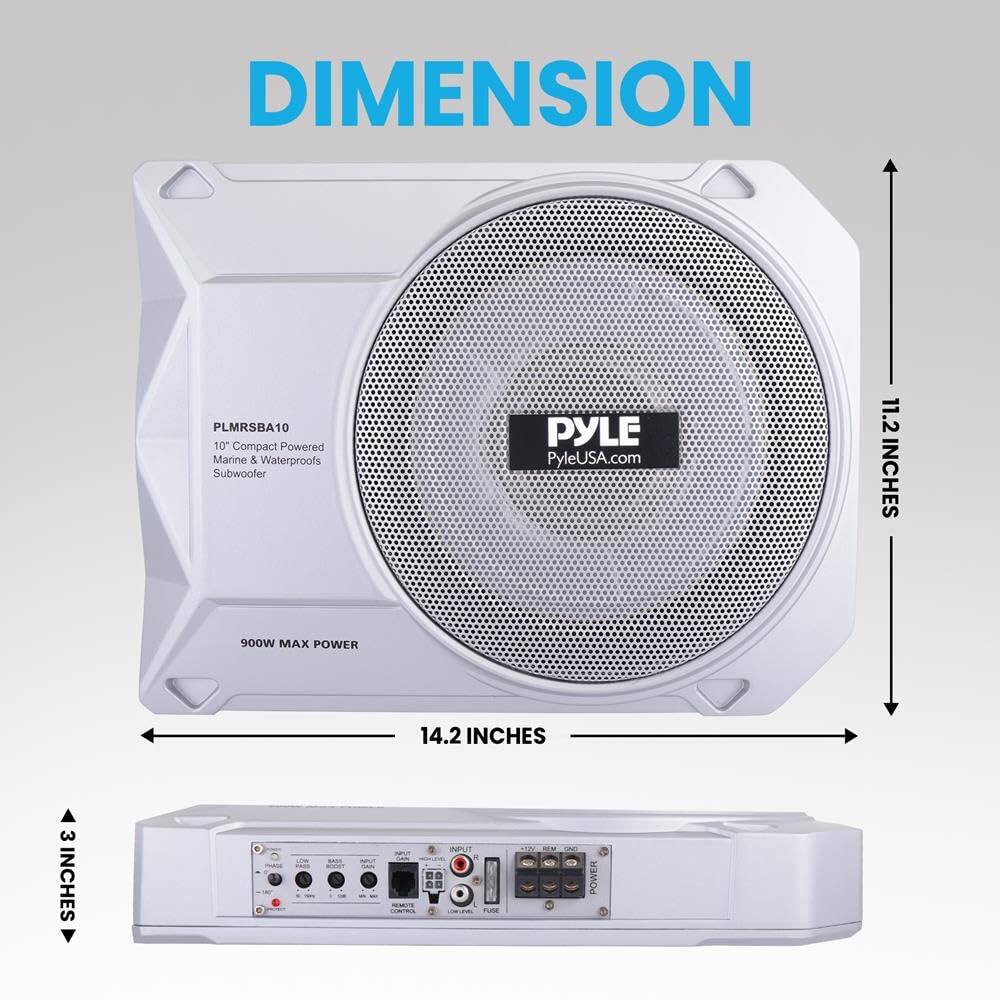DIMENSION  
PLMRSBA10  
10" Compact Powered Marine & Waterproof Subwoofer  
PYLE  
PyleUSA.com  
11.2 INCHES  
14.2 INCHES  
3 INCHES  
900W MAX POWER