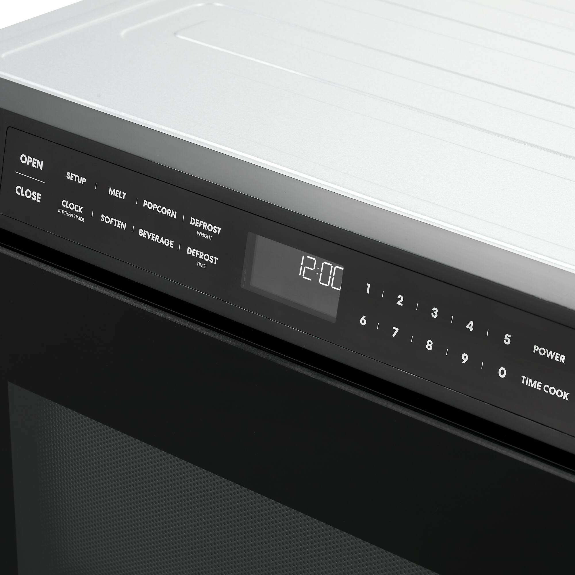 OPEN SETUP MELT POPCORN DEFROST CLOSE CLOCK KITCHEN TIMER SOFTEN BEVERAGE DEFROST TIME WEIGHT 12:00 1 2 3 4 5 6 7 8 9 0 POWER TIME COOK