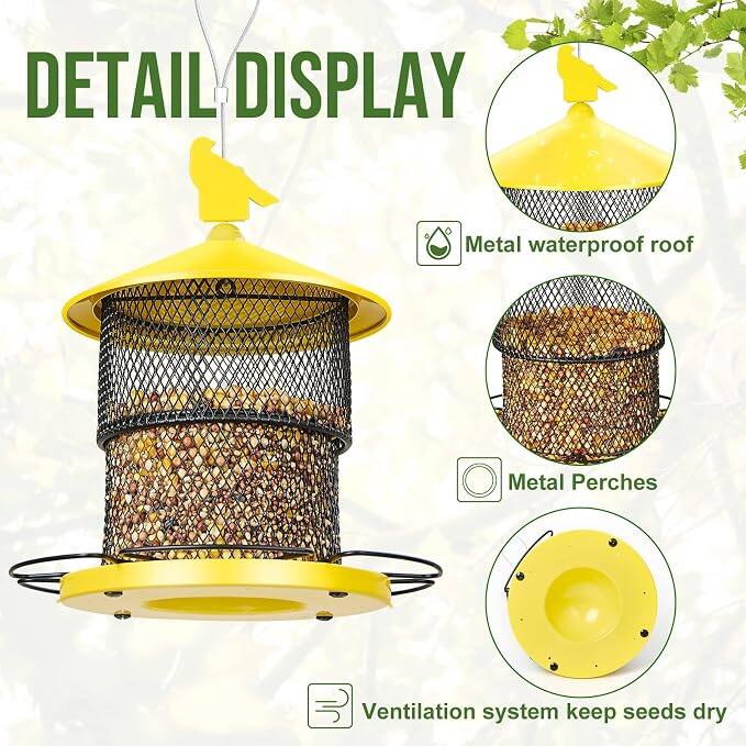 DETAIL DISPLAY

- Metal waterproof roof
- Metal Perches
- Ventilation system keeps seeds dry