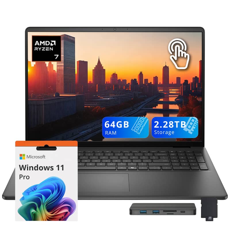 Dell - 16" FHD+ Touch Laptop,Ryzen 7 250,64GB RAM,2TB SSD+288GB Dock Set,AMD Radeon GPU,Backlit Keyboard,Win 11 Pro - Black