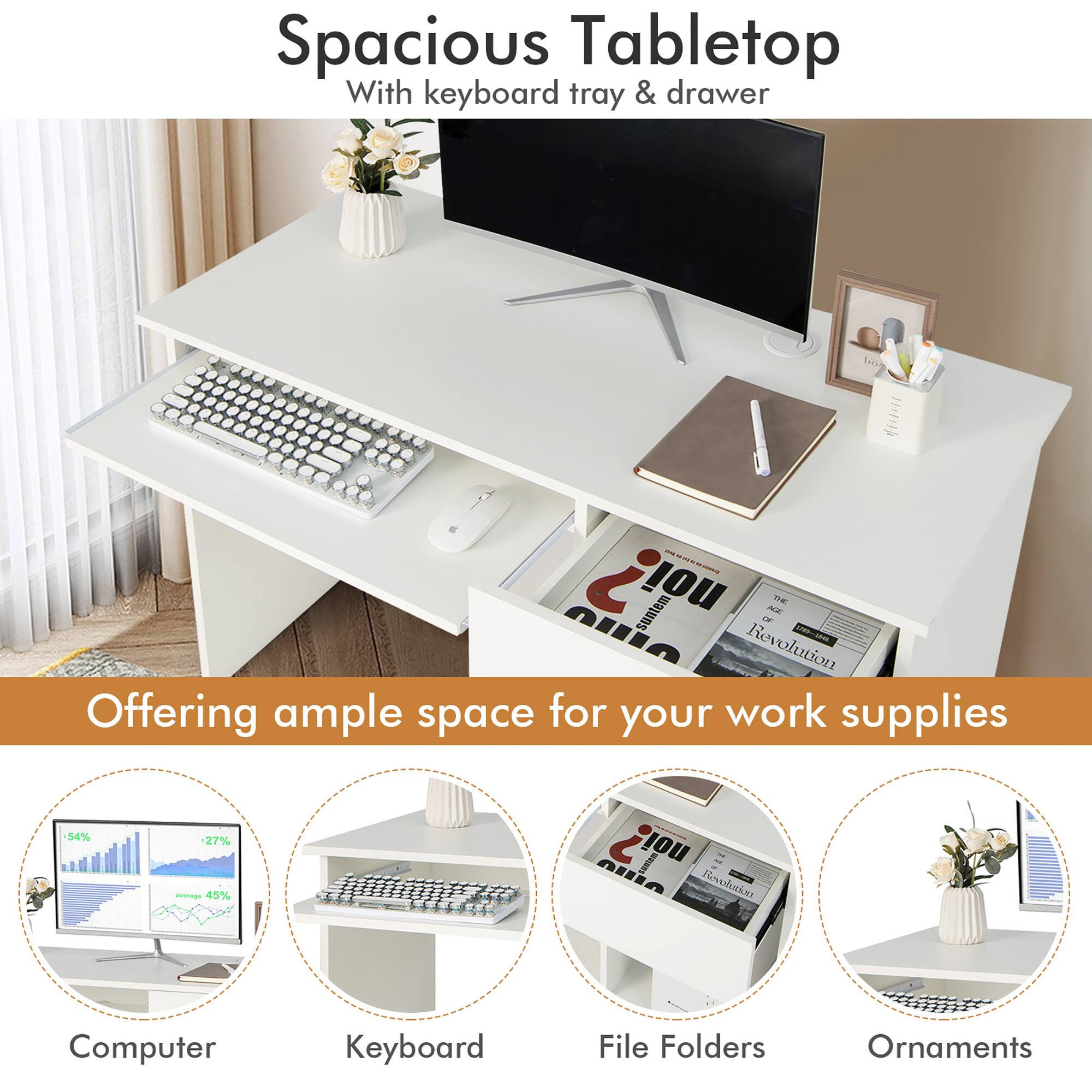 Spacious Tabletop With Keyboard Tray & Drawer - Suntem noi I A E nilin Revolution Offering ample space for your work supplies -04% -27% Pa 45% L tulles noi AIiA Kvucks Computer Keyboard File Folders Ornaments