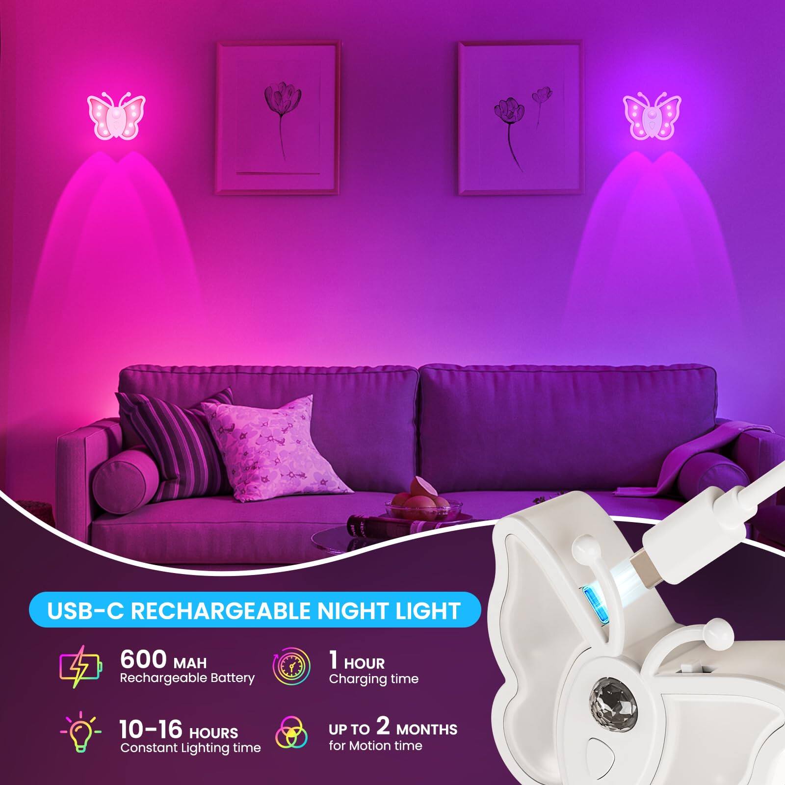 USB-C Rechargeable Night Light

- 600 MAH Rechargeable Battery
- 1 Hour Charging Time
- 10-16 Hours Constant Lighting Time
- Up to 2 Months for Motion Time