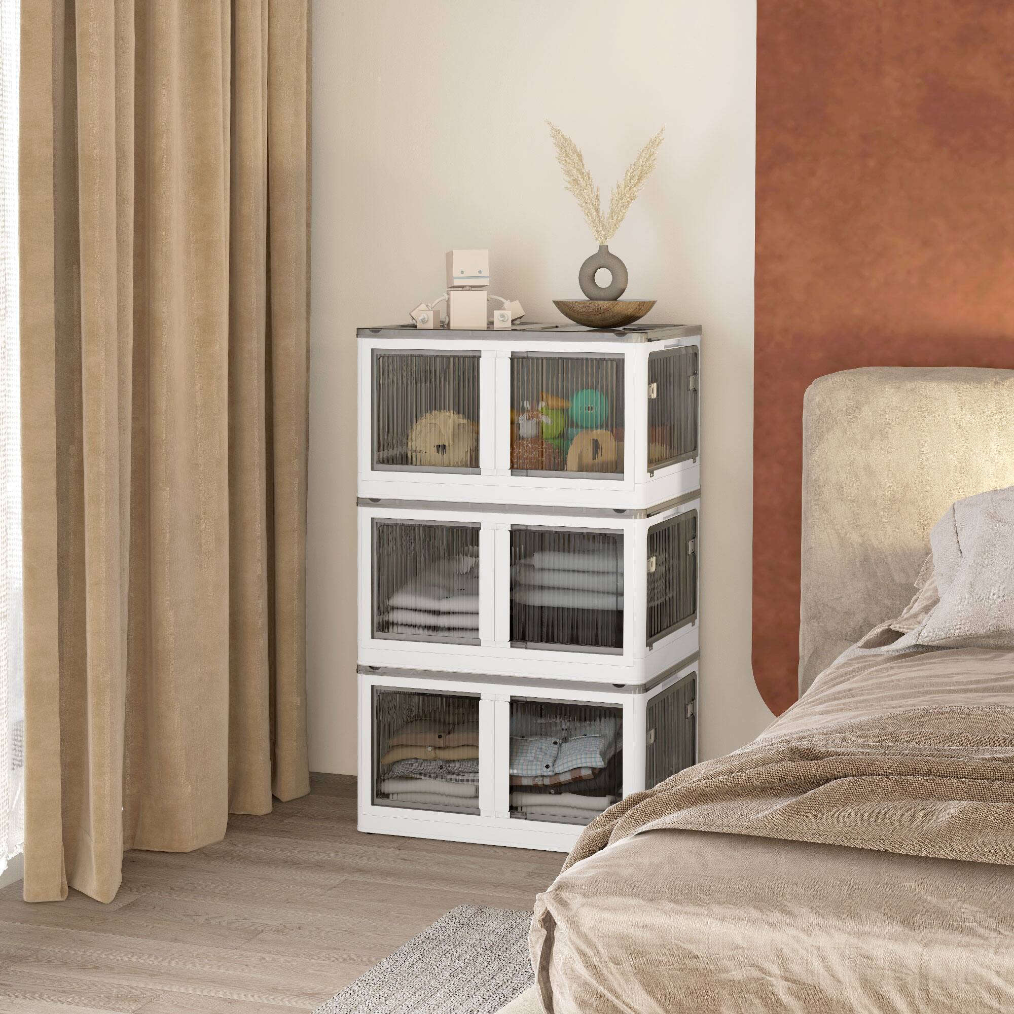 Alt View 1. Homcom - 3-Pack 32 Gal Stackable Bins w/ Lids, Collapsible Wheeled Container, 5-Sided Access - White.