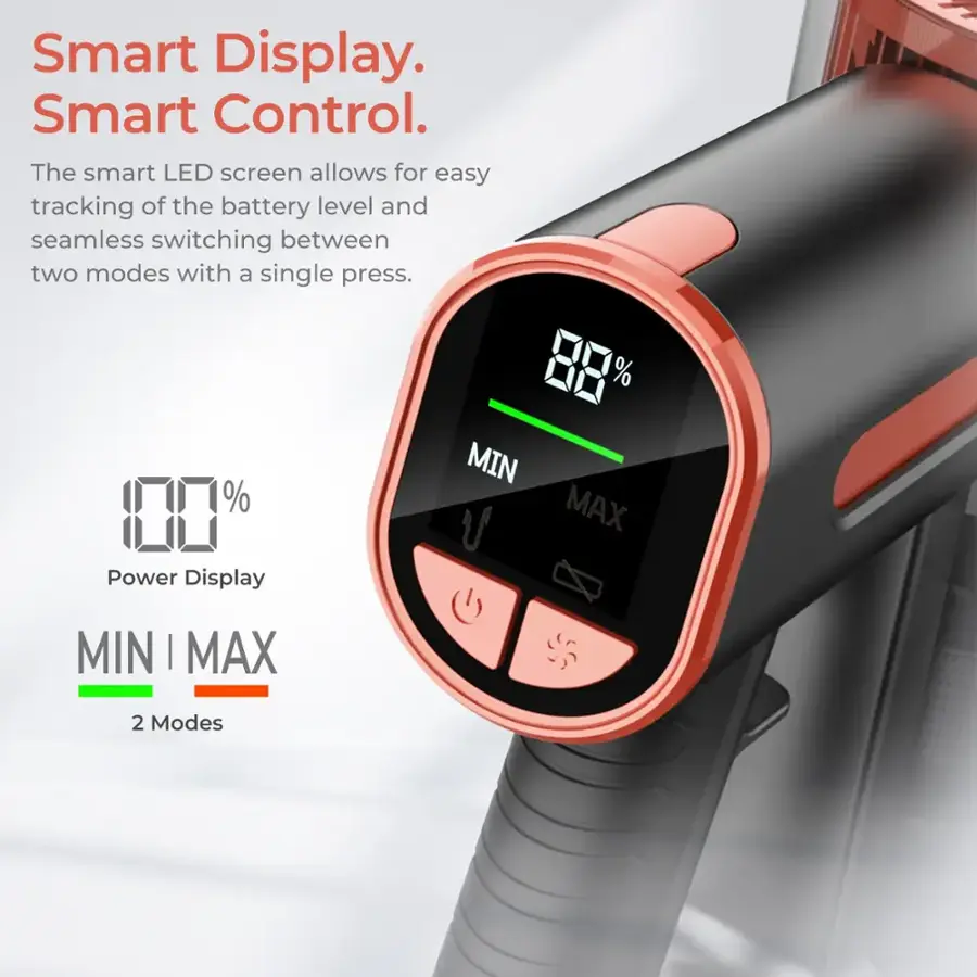 The image features a smart display with a smart control system. The smart LED screen allows for easy tracking of the battery level and seamless switching between two modes with a single press. The device is currently at 88% battery level, and it offers both MIN and MAX modes.