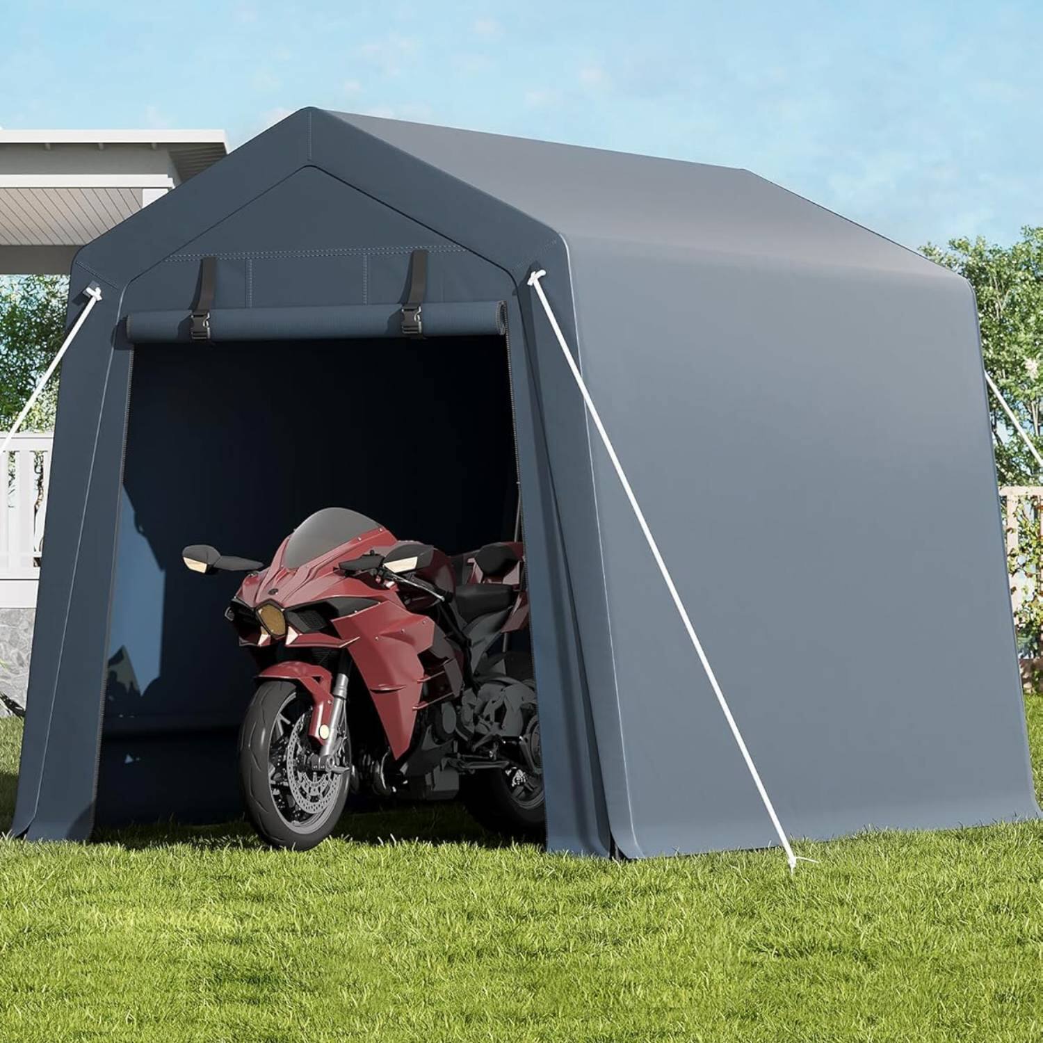 Front. Qeetex - 6x6 FT Portable Outdoor Storage Shed, UV-Resistant Carport for Motorcycle, Firewood, Tools, Grey - Grey.