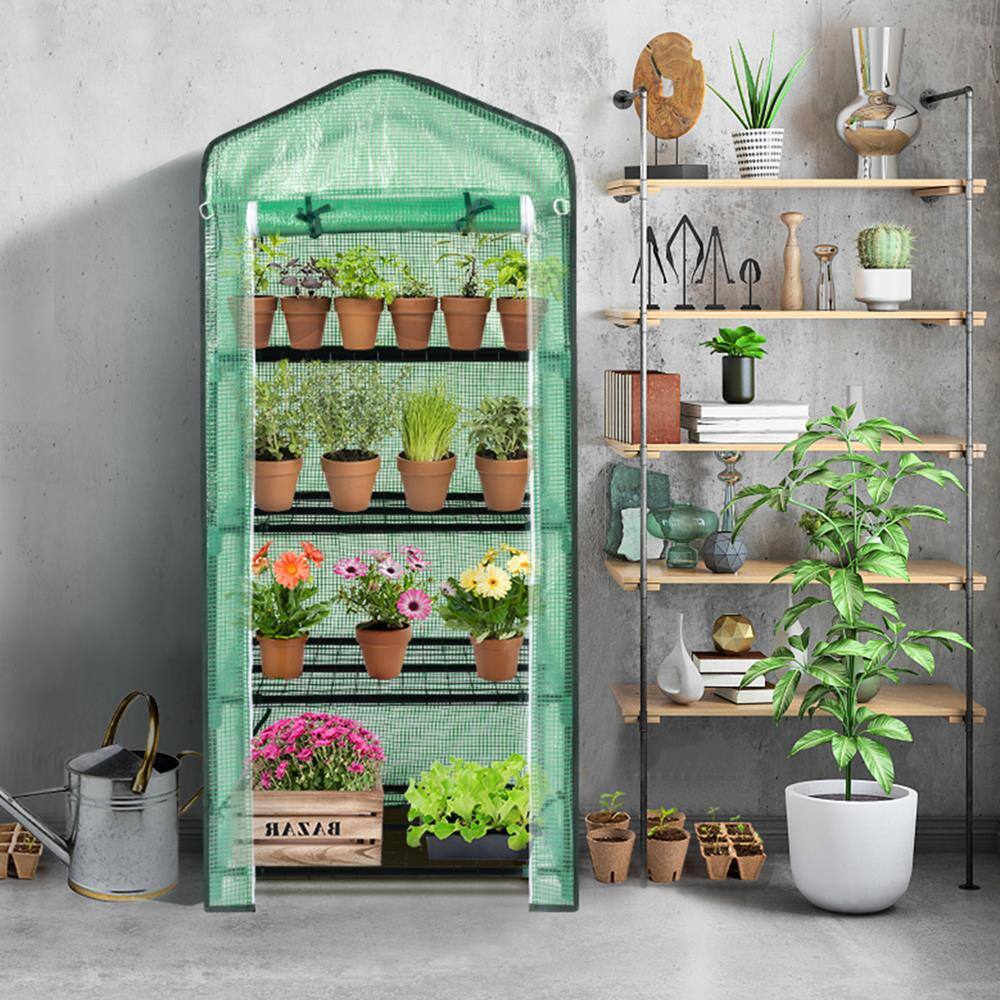 Angle. Winado - Mini Greenhouse, Small PE Plant Green House with 4 Tiers Rack, Shelf Clips, Roll-up Zipper Door, Gardening Supplies.