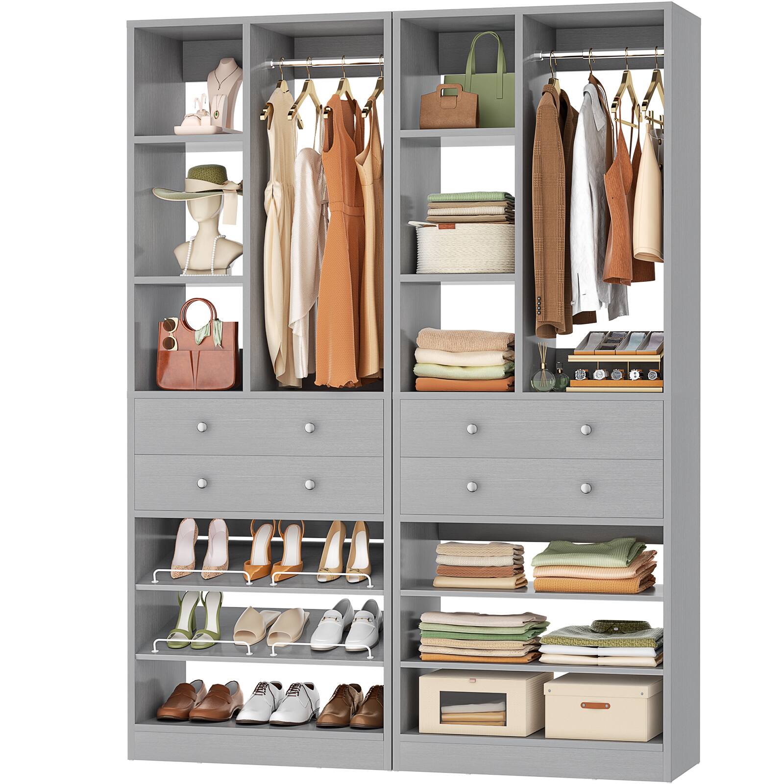 Angle. Aheaplus - 55.5" Closet Organizer System (2-Pack) – Free-Standing, 1200+ LBS, Drawers & Shelves for Small Walk-In Closets - Gray.