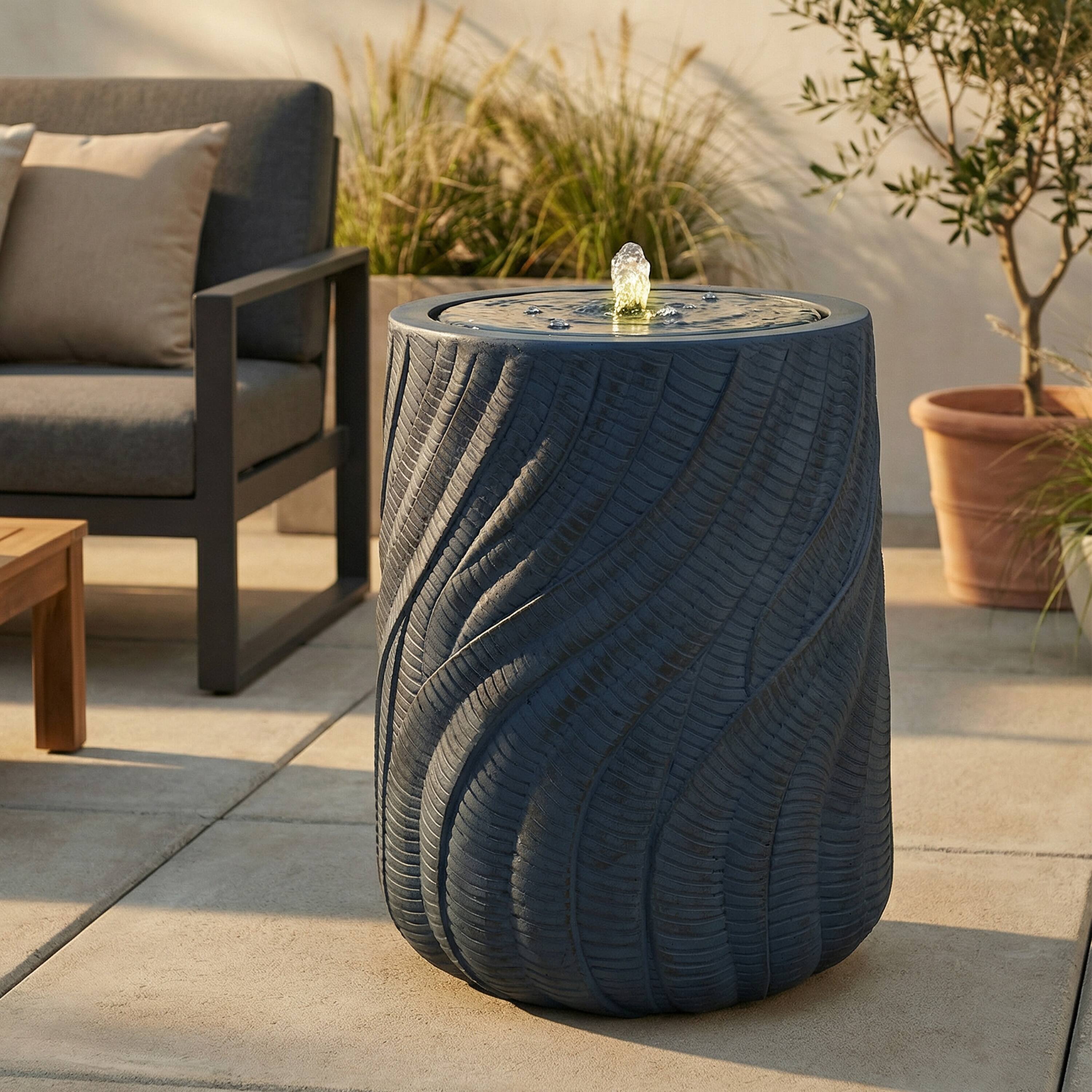 Alt View 7. Sunnydaze - Textured Spiral Outdoor Bubble Fountain with LED Light - Blue.
