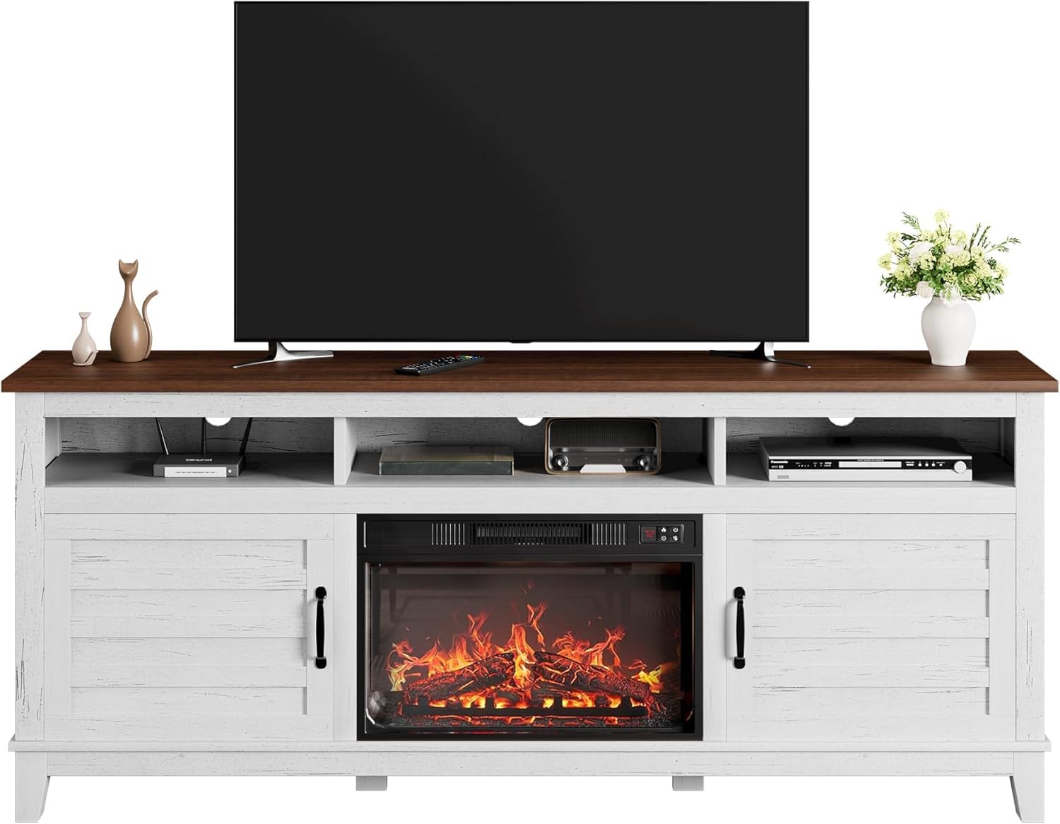 Alt View 4. Jojoka - 71" Farmhouse TV Stand with 23" Electric Fireplace, Adjustable Storage, Media Console for Living Room & Bedroom - White.