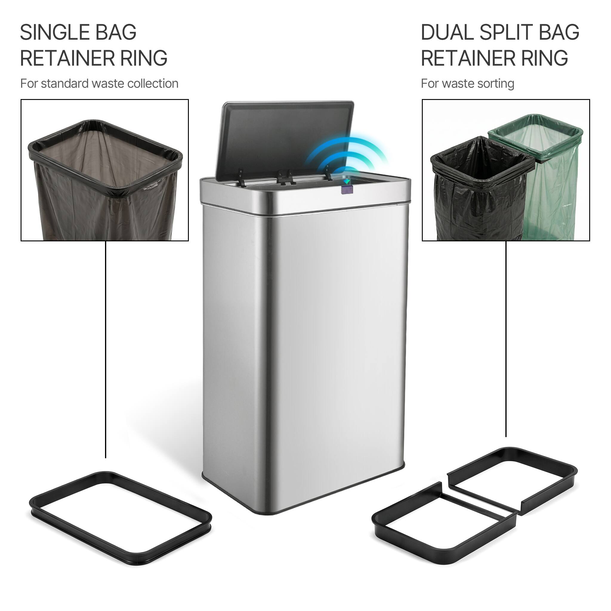 SINGLE BAG RETAINER RING  
For standard waste collection  

DUAL SPLIT BAG RETAINER RING  
For waste sorting