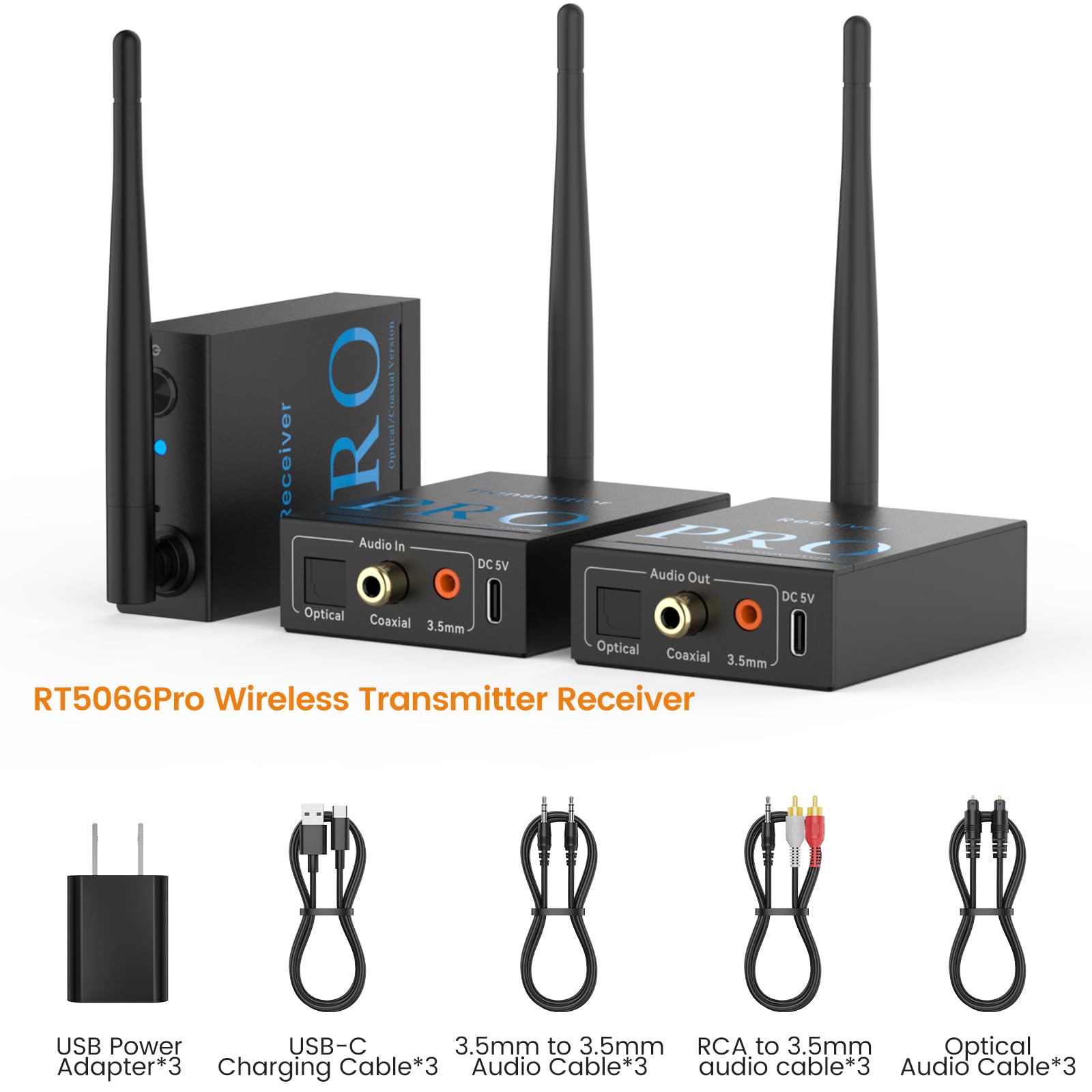 Sure, here is the corrected and grouped text:

---

**RT5066Pro Wireless Transmitter Receiver**

- **Receiver**
  - Audio In
  - Optical
  - Coaxial
  - 3.5mm

- **Transmitter**
  - Audio Out
  - Optical
  - Coaxial
  - 3.5mm

**Included Accessories:**
- USB Power Adapter*3
- USB-C Charging Cable*3
- 3.5mm to 3.5mm Audio Cable*3
- RCA to 3.5mm Audio Cable*3
- Optical Audio Cable*3

---