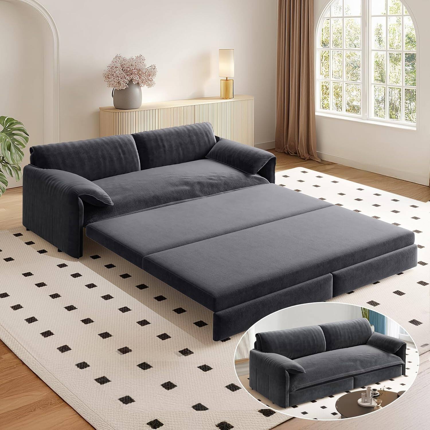 Trinkets Crazed - 66" Queen Size Sofa Bed, 3 in 1 Convertible Pull Out Sleeper Sofa with Thicked Cushions and Side Storage - Gray