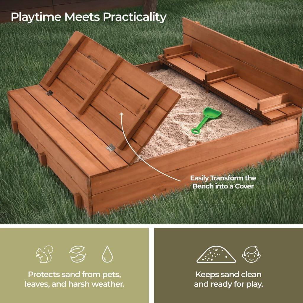 Play22 Large Wooden Kids Sandbox with Lid – Outdoor Sand Box for