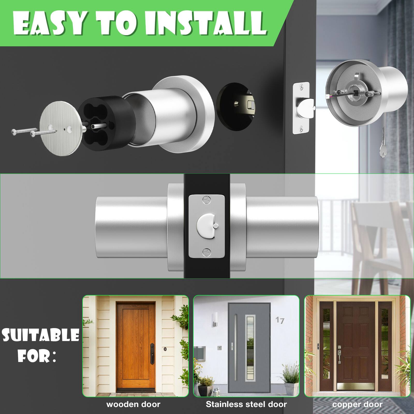 EASY TO INSTALL
SUITABLE FOR:
wooden door
Stainless steel door
copper door