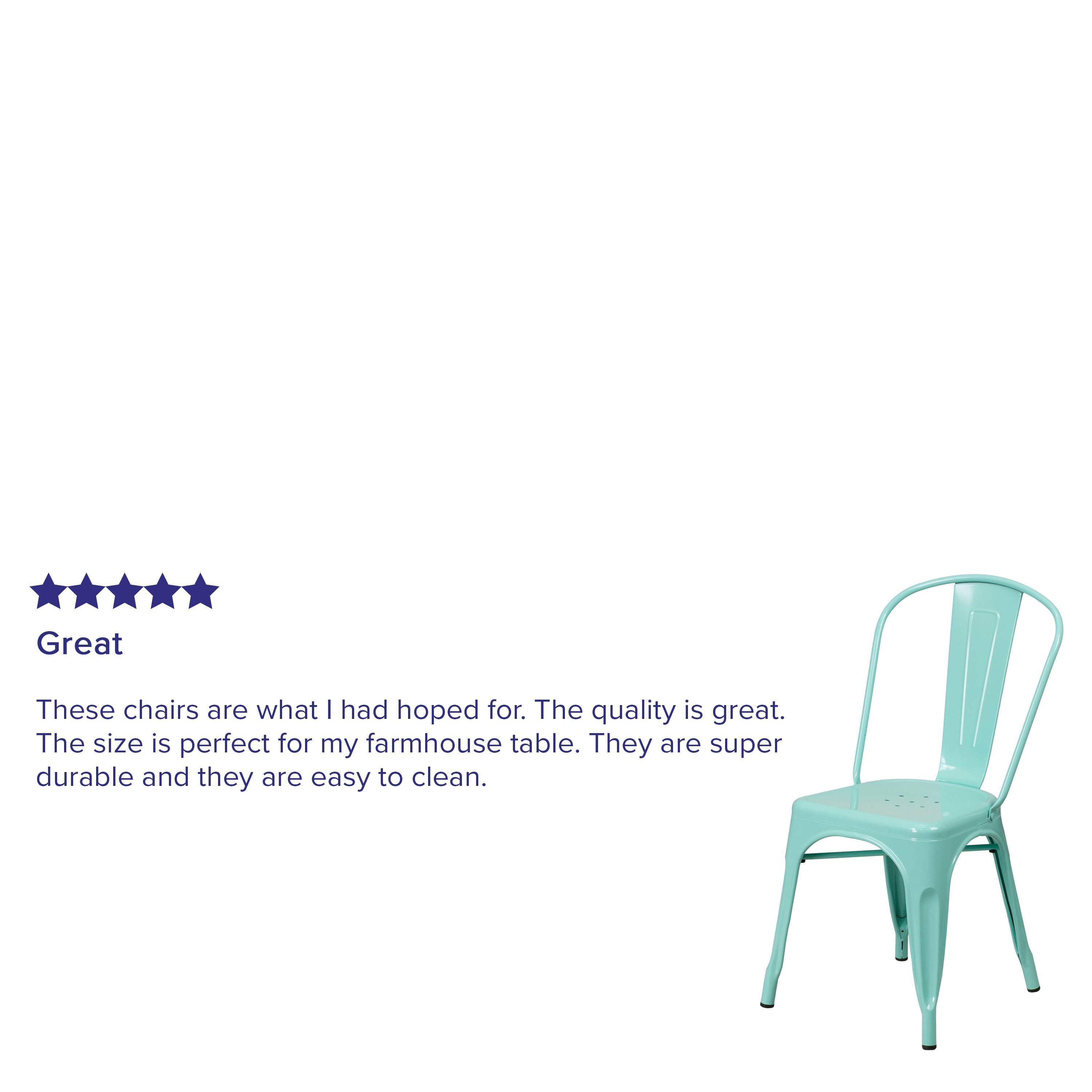 Great

These chairs are what I had hoped for. The quality is great. The size is perfect for my farmhouse table. They are super durable and they are easy to clean.