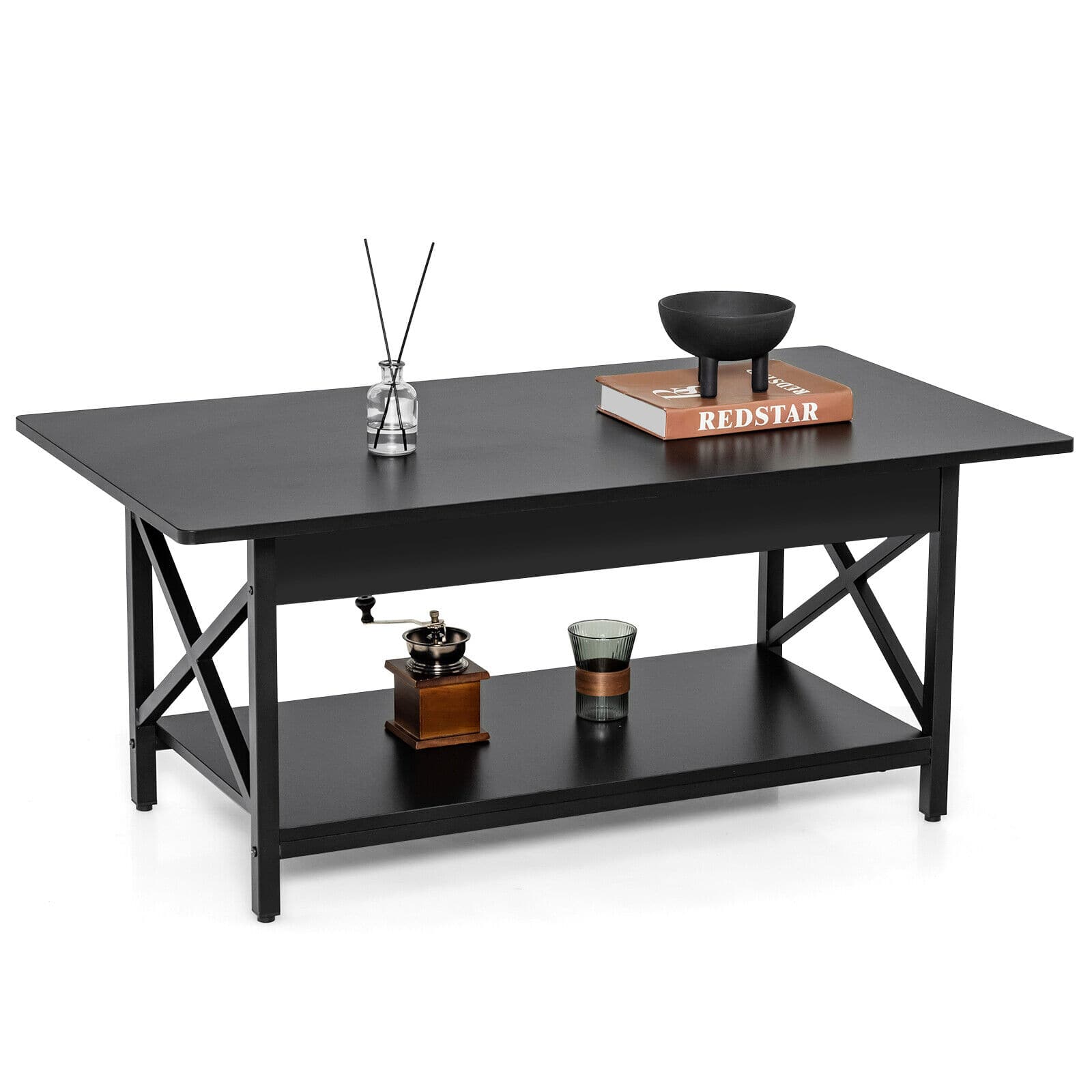 Gymax - Coffee Table Industrial 2-Tier w/ Storage Shelf &Storage Shelf for Living Room - Black