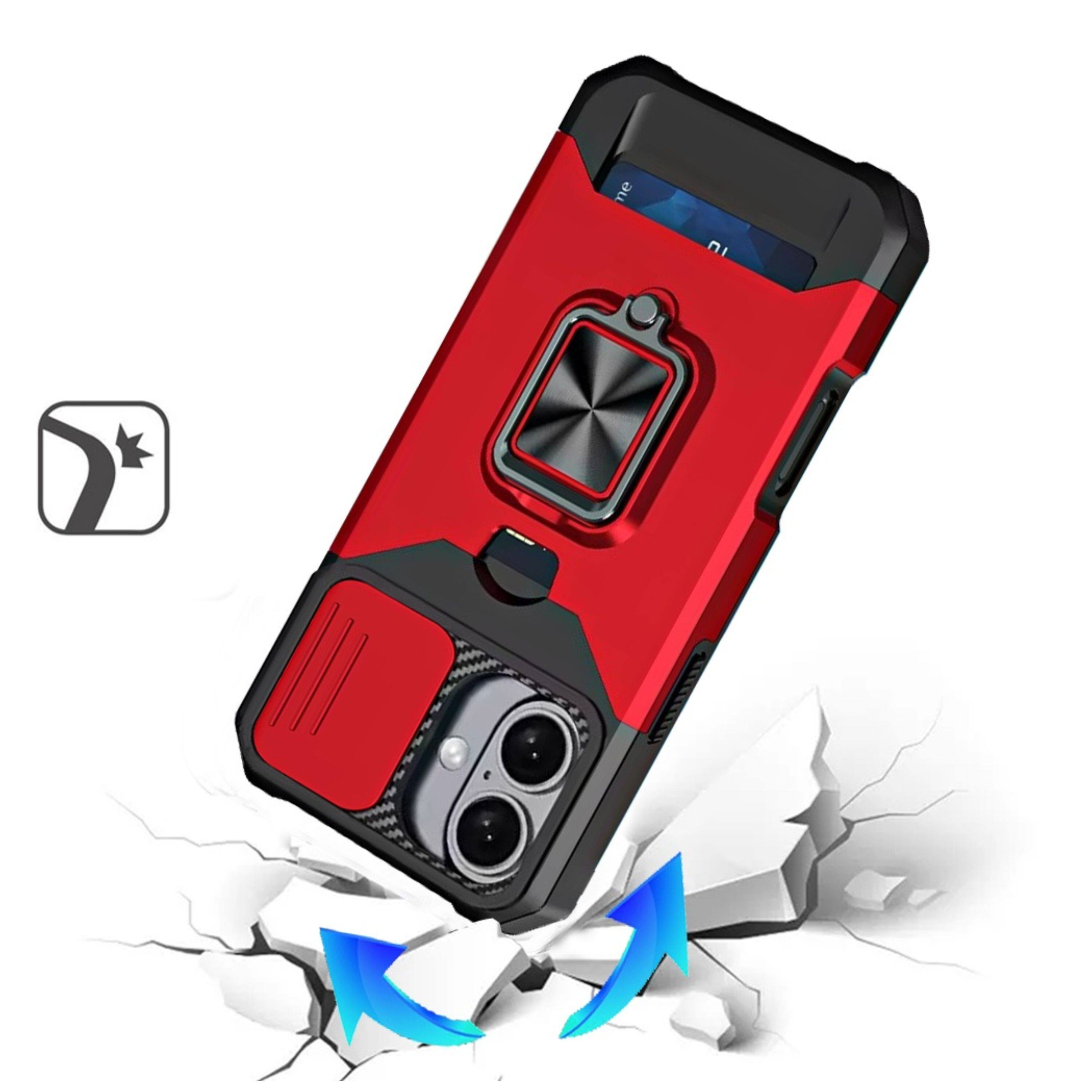 Angle. Kitcheniva - Multi-Use Card Holder Stand Phone Case With Lens Cover Tempered Glass For iPhone 17 Red - Red.
