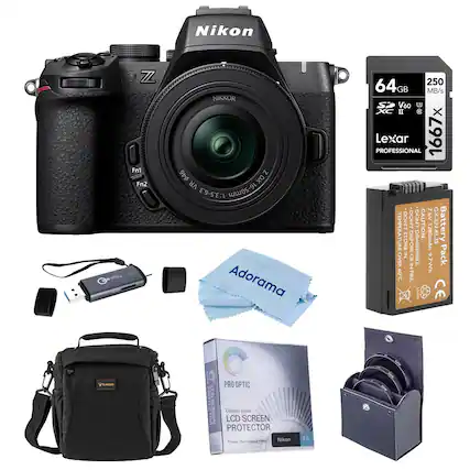 Nikon Z7 II with NIKKOR Z DX VR 1:3.5-6.3 16-50mm lens
64GB Lexar Professional 1667x SDXC UHS-II V60 Memory Card
Adorama 250 MB/s SD Card
EN-EL25 Battery Pack (12.0V, 2000mAh, 9.7Wh)
Optical Glass LCD Screen Protector
Veloe Camera Bag
USB-C to USB-A Cable