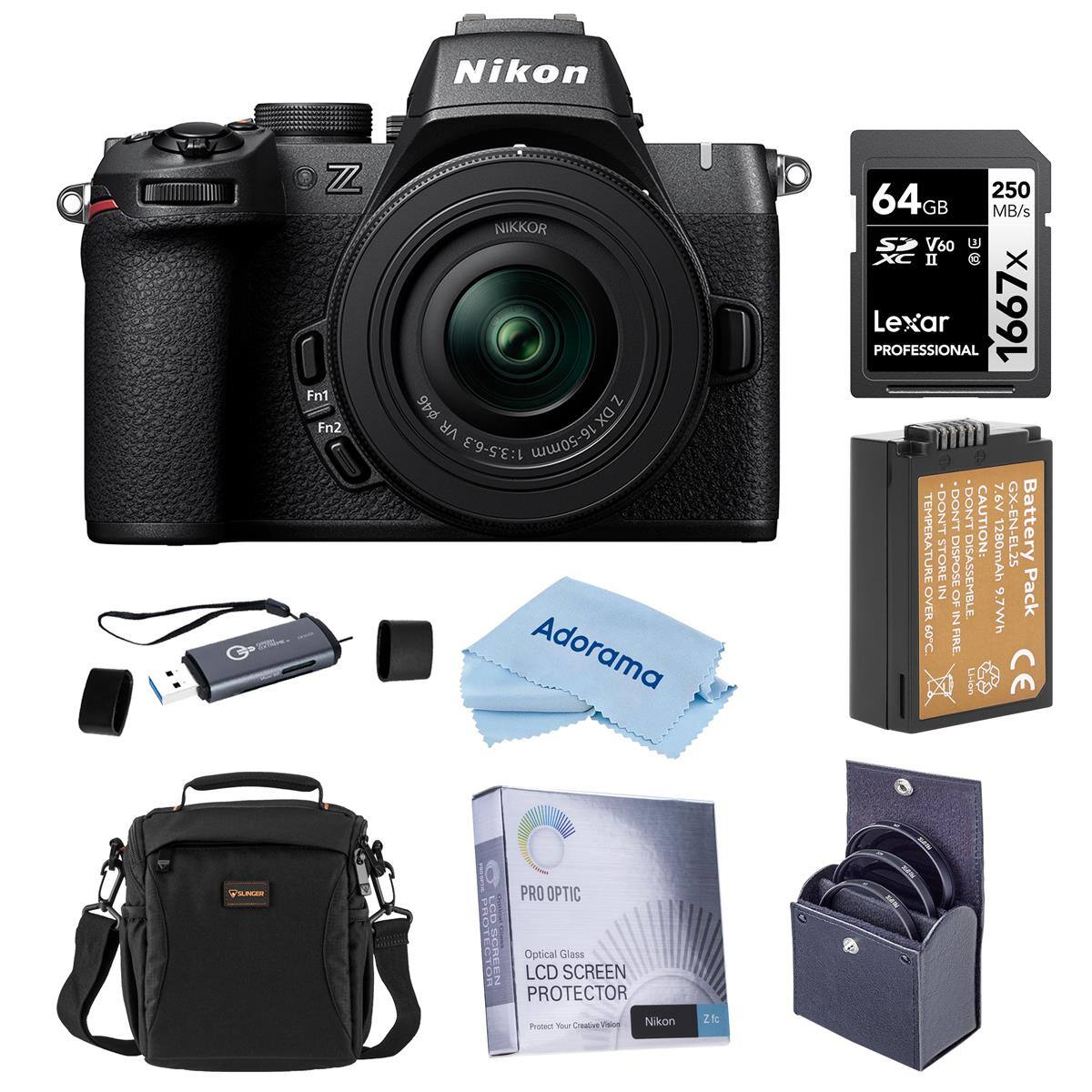 Nikon Z7 II with NIKKOR Z DX VR 1:3.5-6.3 16-50mm lens  
64GB Lexar Professional 1667x SDXC UHS-II V60 Memory Card  
Adorama 250 MB/s SD Card  
EN-EL25 Battery Pack (12.0V, 2000mAh, 9.7Wh)  
Optical Glass LCD Screen Protector  
Veloe Camera Bag  
USB-C to USB-A Cable
