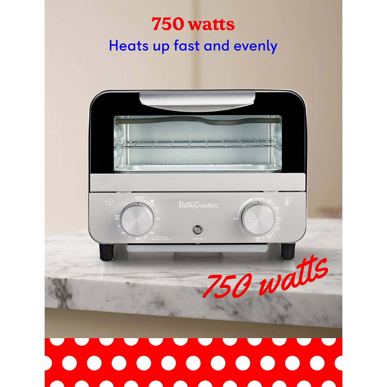 750 watts  
Heats up fast and evenly