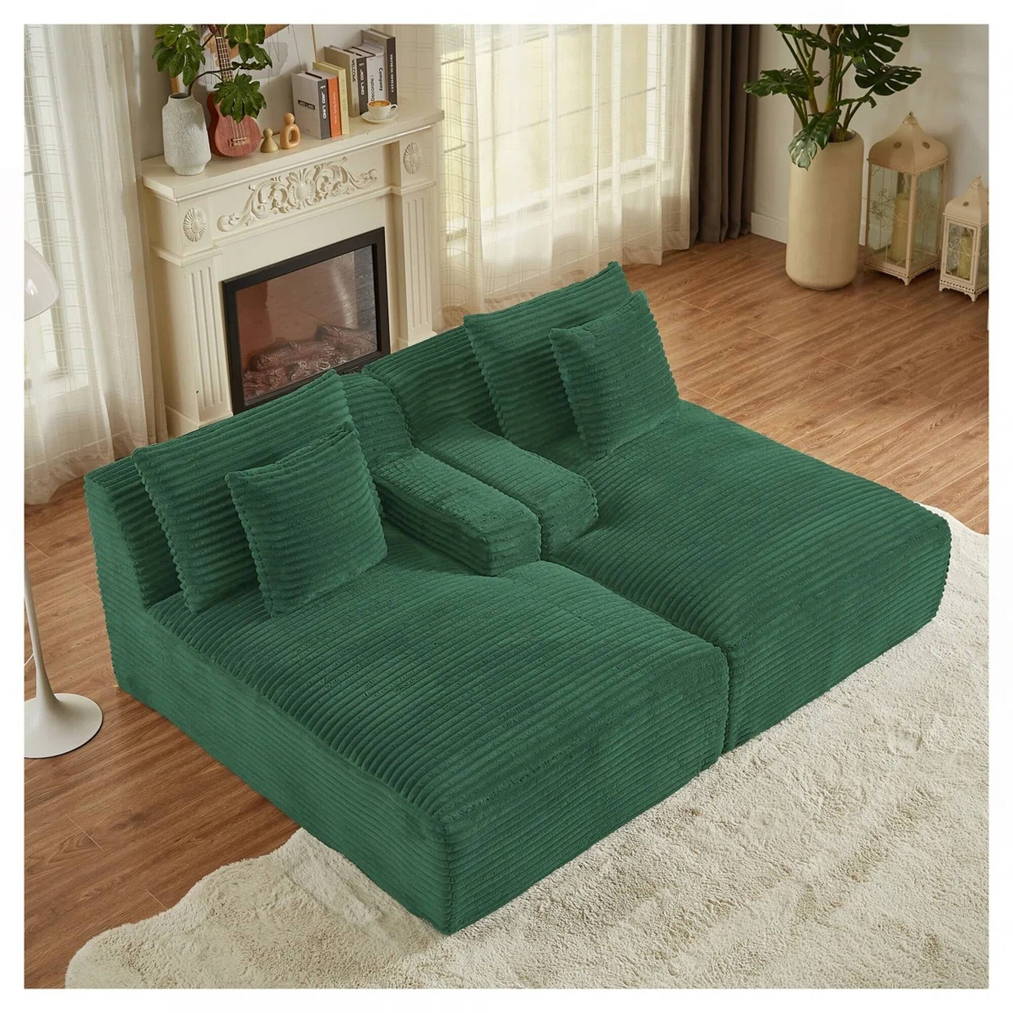 Angle. Yardgrace - Oversized Corduroy Upholstered Chaise Lounge – No Assembly Required, Plush Boneless Sofa for Living Room - Green.