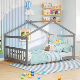 Costway - Full Size House Bed with Roof Wooden Low Floor Bed No Box Spring Needed - Gray