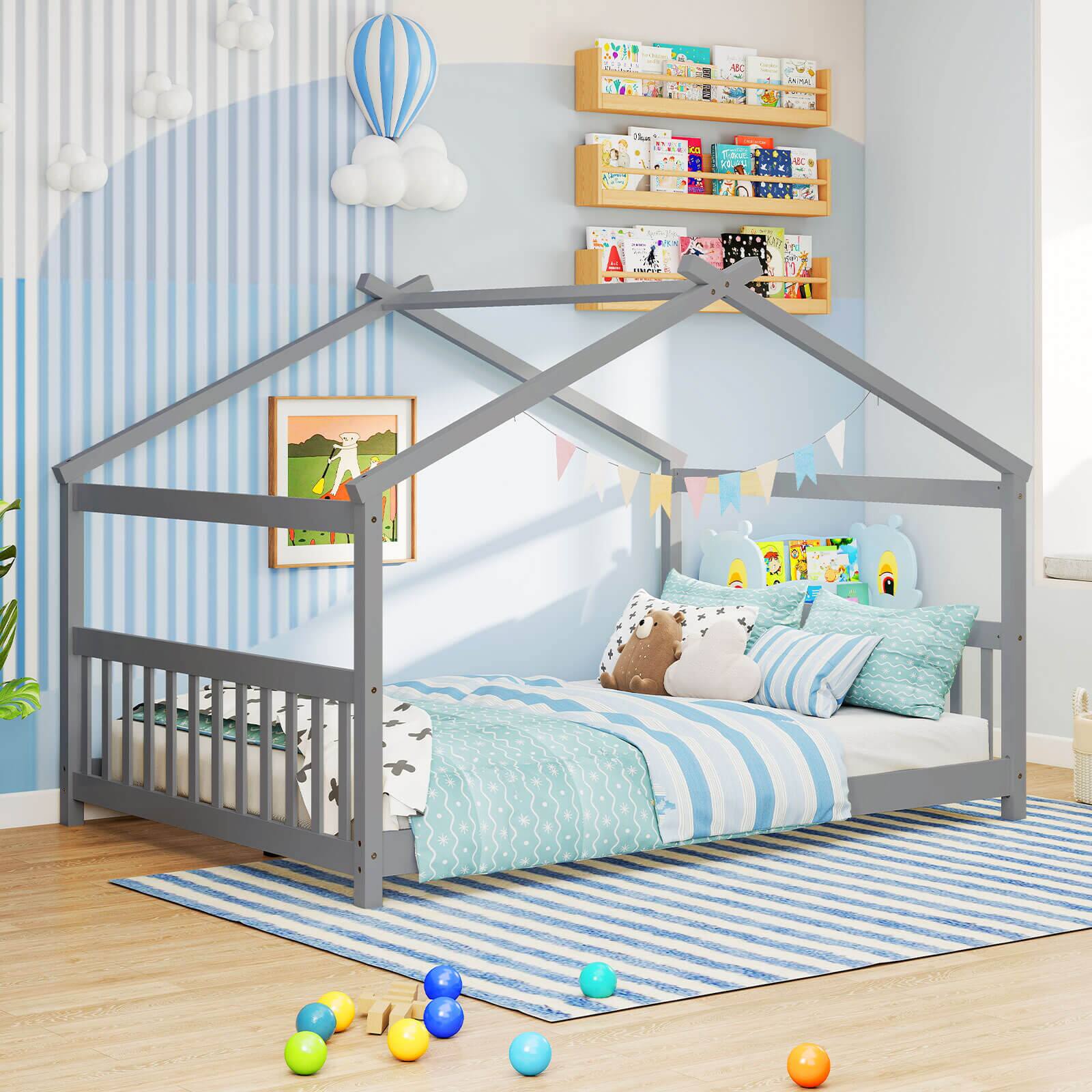 Alt View 1. Costway - Costway Full Size House Bed with Roof Wooden Low Floor Bed No Box Spring Needed - Gray.