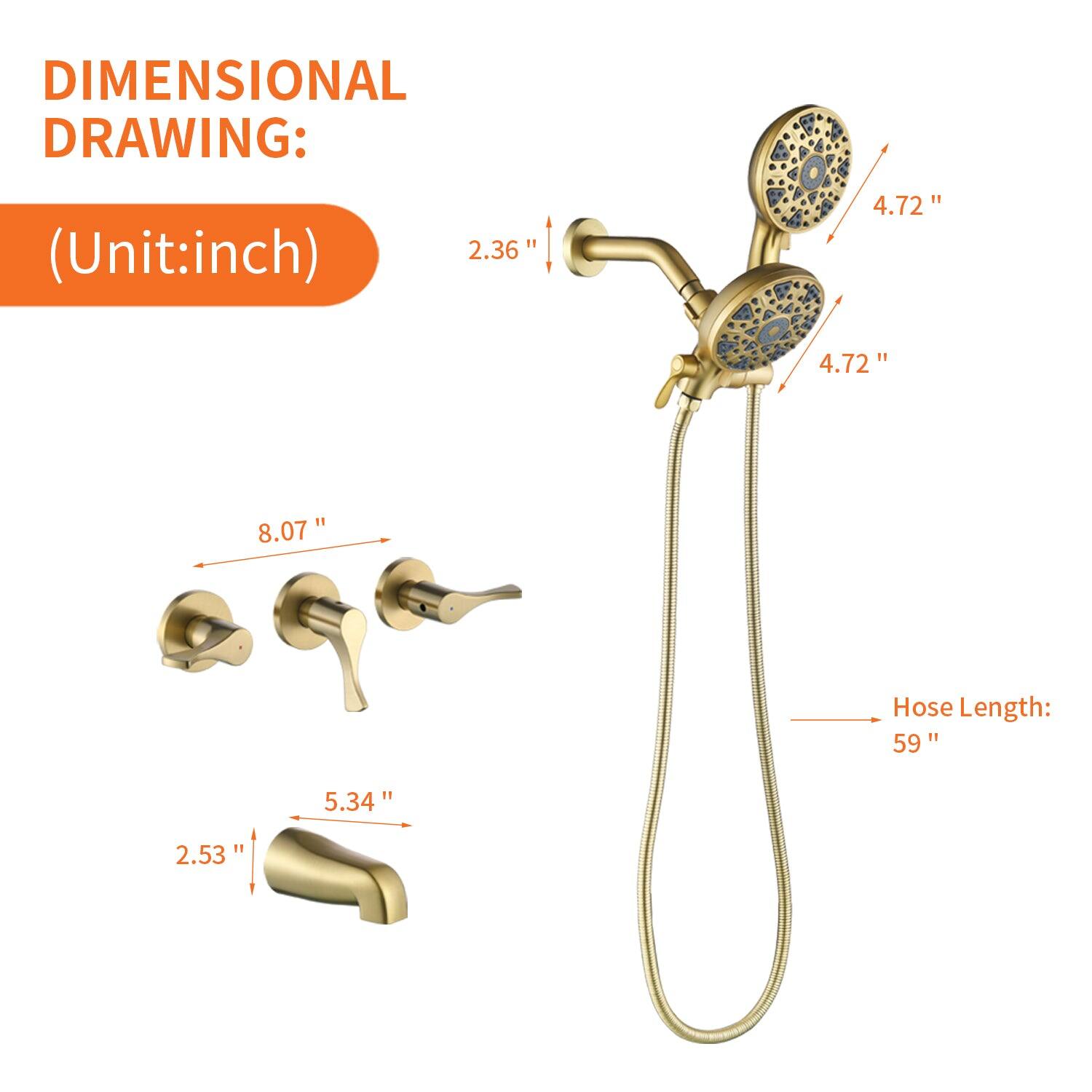 DIMENSIONAL DRAWING:  
(Unit: inch)  

- 2.36"  
- 4.72"  
- 4.72"  
- 8.07"  
- 5.34"  
- 2.53"  
- Hose Length: 59"