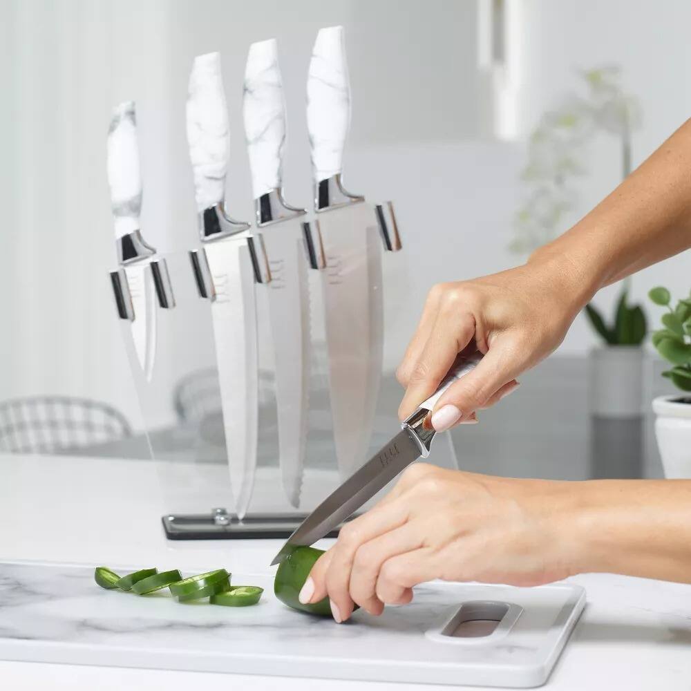 Angle. Elle Decor - 5-Piece Professional Kitchen Knife Set Marble Handle, Include Clear Block & Paring Knives - Chrome Finish.