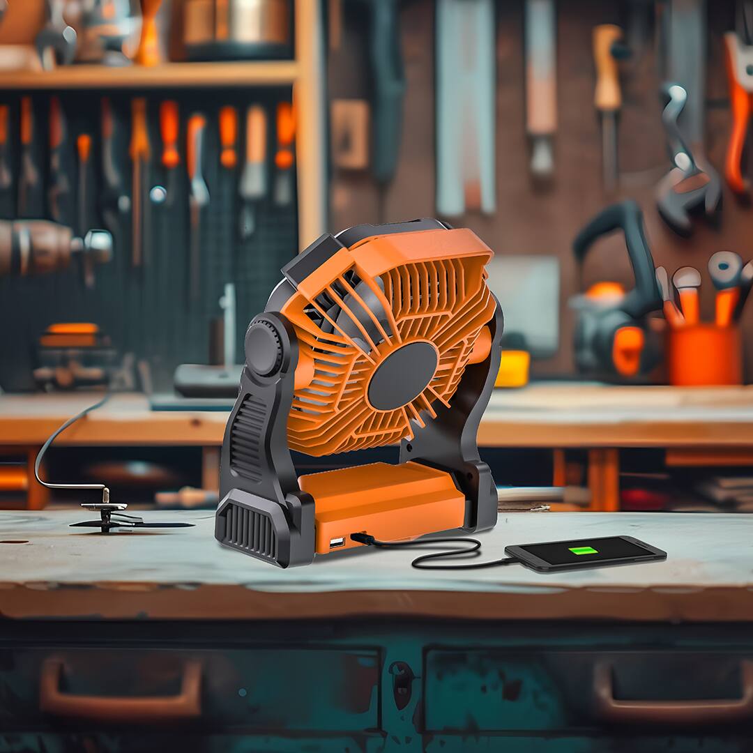 Back. ToughTested - ToughTested 4-Speed Rechargeable Fan with LED Light, USB Charger and Foldable Hook for Camping & Indoor Use - Black.