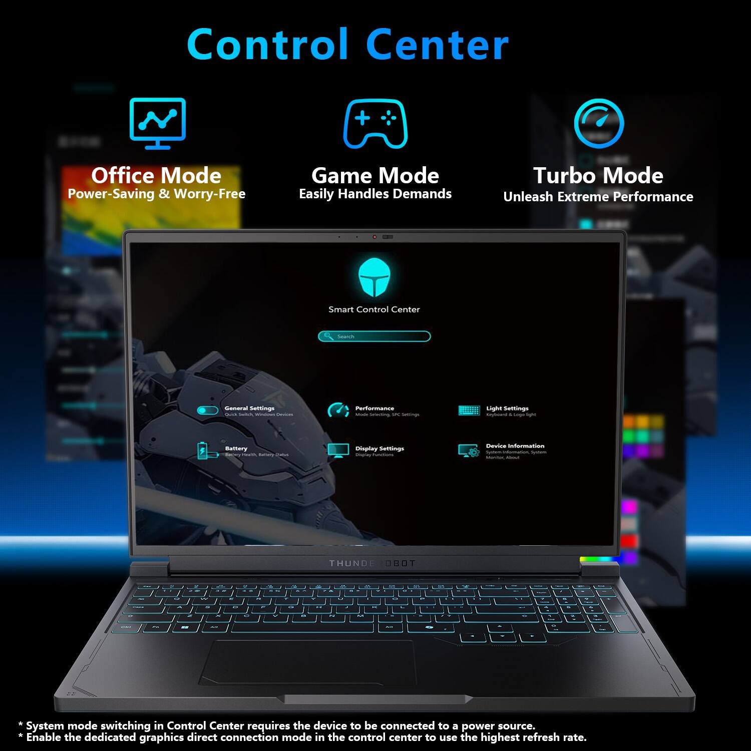Control Center

Office Mode
Power-Saving & Worry-Free

Game Mode
Easily Handles Demands

Turbo Mode
Unleash Extreme Performance

Smart Control Center

General Settings
Quick Switch, Window Devices

Performance Mode
Selecting SPC Settings

Light Settings
Keyboard Logo light

Battery Health
Relay 2006

Display Settings
Display Functions

Device Information
System Monitor
About

THUNDERBOT

2 in 1

* System mode switching in Control Center requires the device to be connected to a power source.
* Enable the dedicated graphics direct connection mode in the control center to use the highest refresh rate.