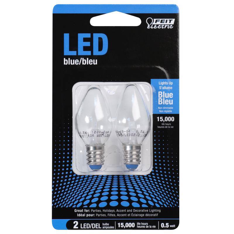 LED blue/bleu  
FEIT Electric  

120V 52 FOR WEV LOGA 49-04 a 54 LEDG2  

Lights Up S'allume Blue Bleu  
Non-dimmable Non réglable  

15,000 life hours heures de la vie  

Great for: Parties, Holidays, Accent and Decorative Lighting  
Idéal pour: Parties, Fêtes, Accent et éclairage décoratif  

2 LED/DEL ampoules  
15,000 heures de la vie  
0.5 watt  

FEIT Electric