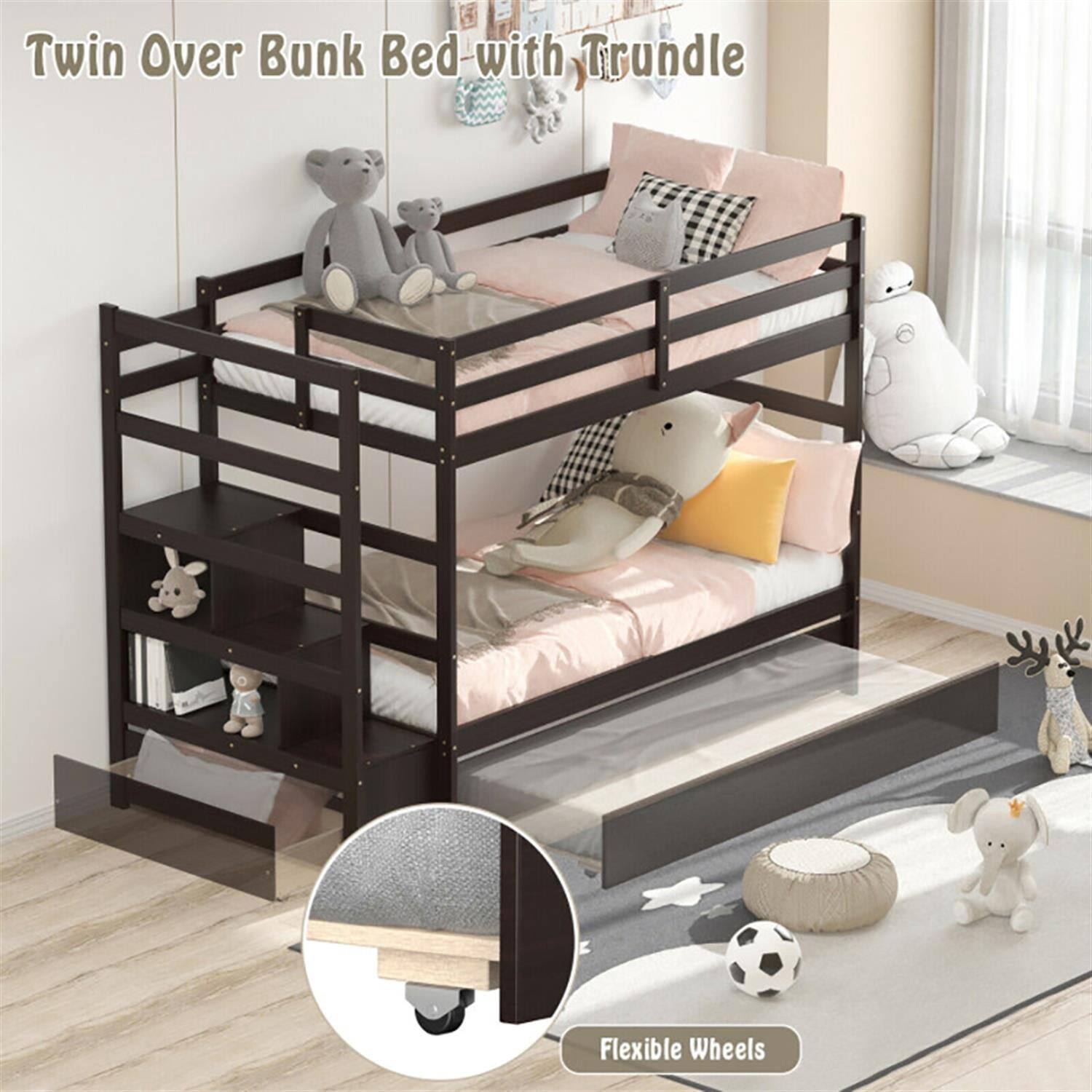 Twin Over Bunk Bed with Trundle  
Flexible Wheels