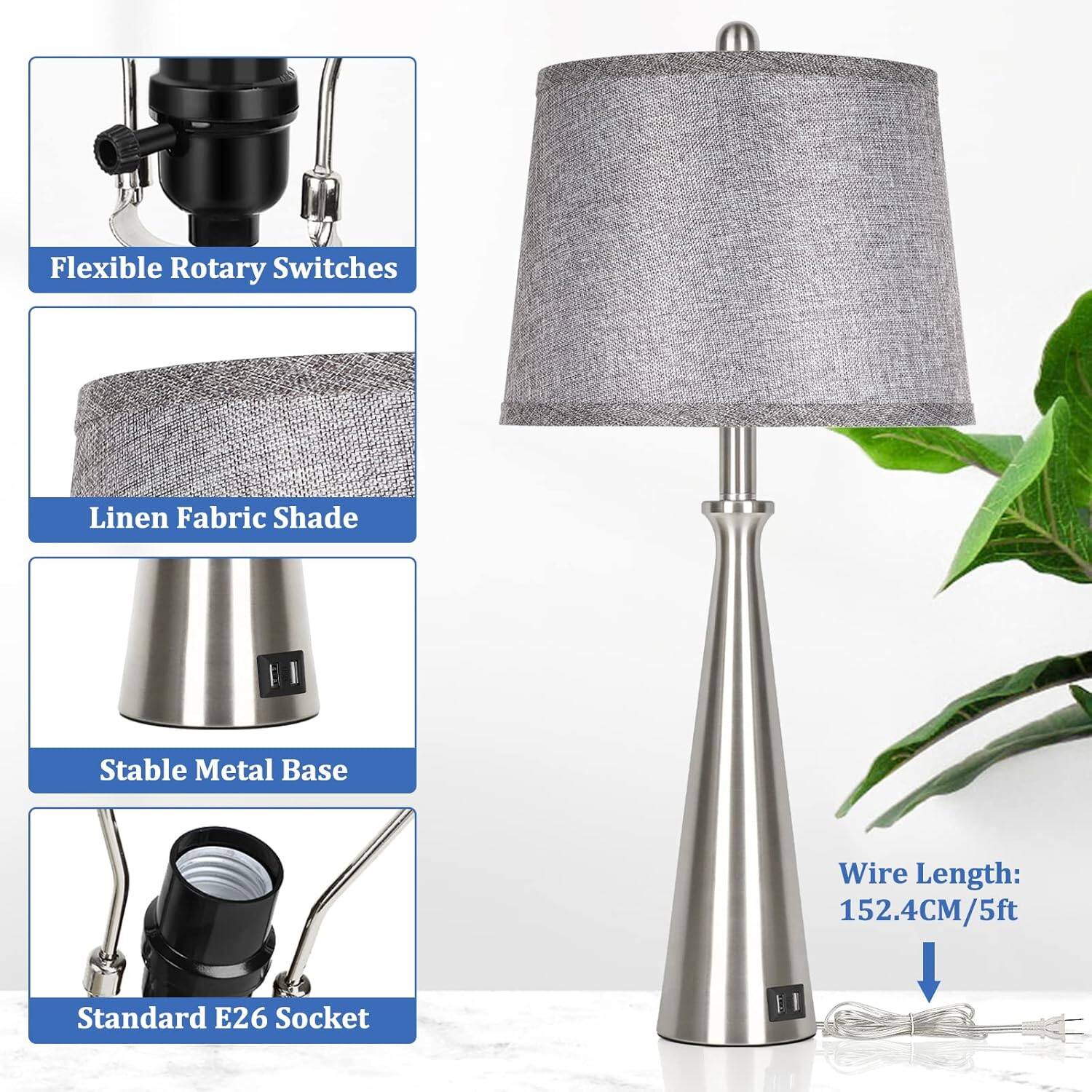 - Flexible Rotary Switches
- Linen Fabric Shade
- Stable Metal Base
- Standard E26 Socket
- Wire Length: 152.4CM/5ft