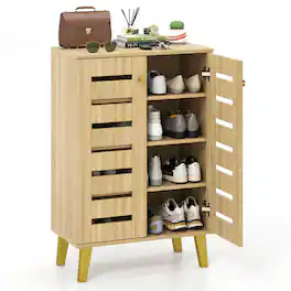 Costway - 4-Tier Wooden Shoe Storage Cabinet with Doors Removable Shelves for Entryway - Natural
