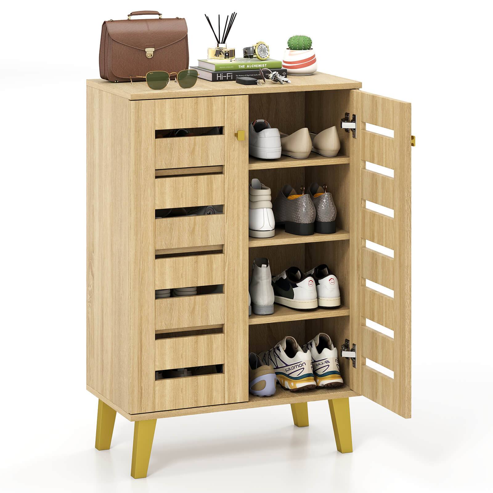 Costway - 4-Tier Wooden Shoe Storage Cabinet with Doors Removable Shelves for Entryway - Natural