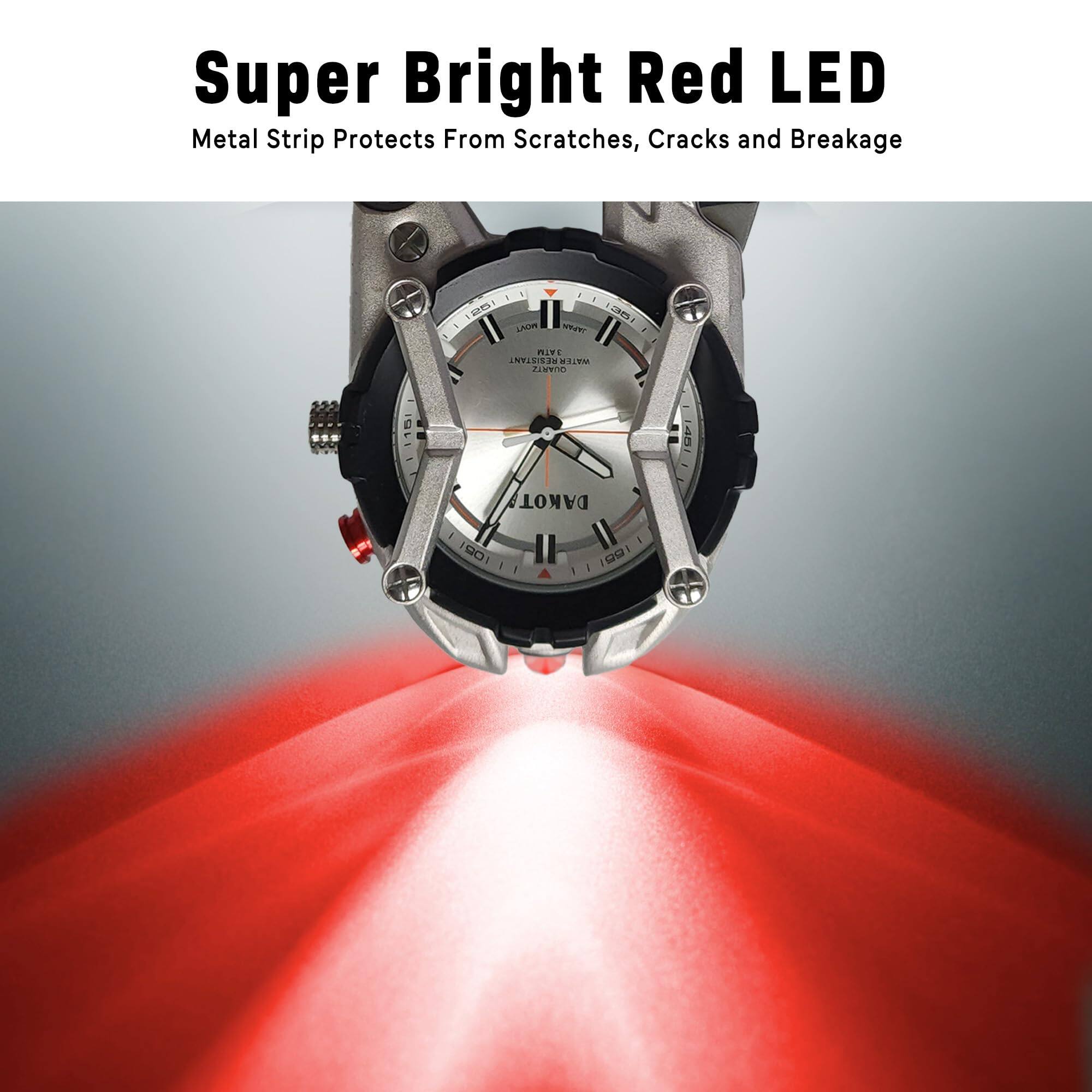 Super Bright Red LED  
Metal Strip Protects From Scratches, Cracks and Breakage