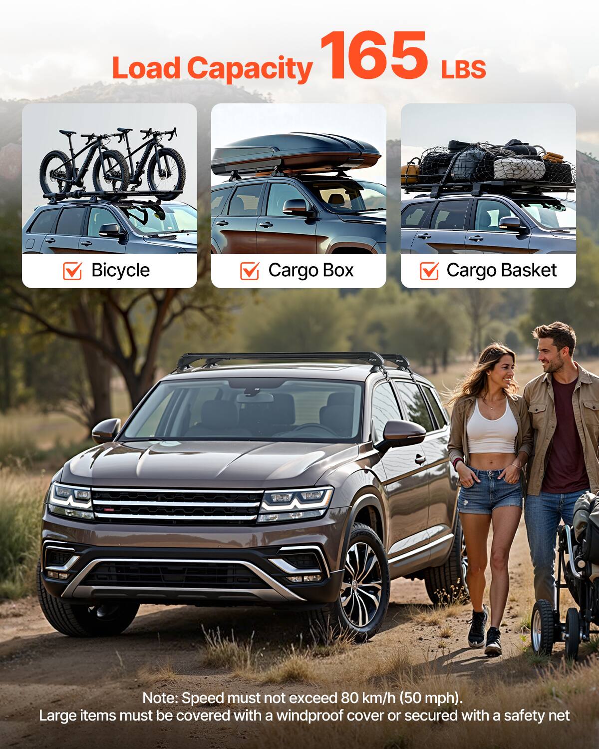 Load Capacity 165 LBS

Bicycle
Cargo Box
Cargo Basket

Note: Speed must not exceed 80 km/h (50 mph). Large items must be covered with a windproof cover or secured with a safety net.