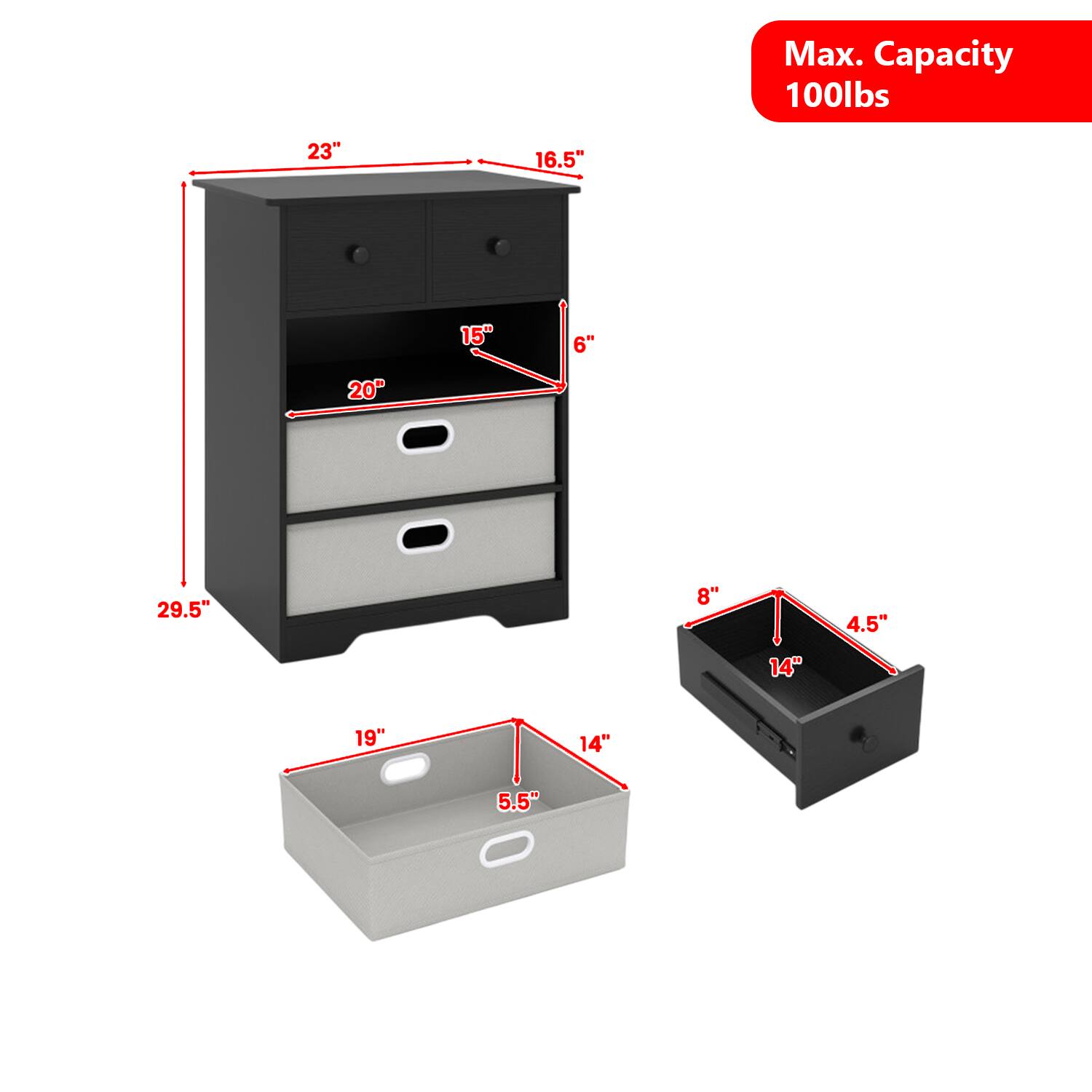 Max. Capacity 100lbs  
23" x 16.5" x 15" x 6" x 20" x 29.5" x 8" x 4.5" x 14" x 19" x 14" x 5.5"