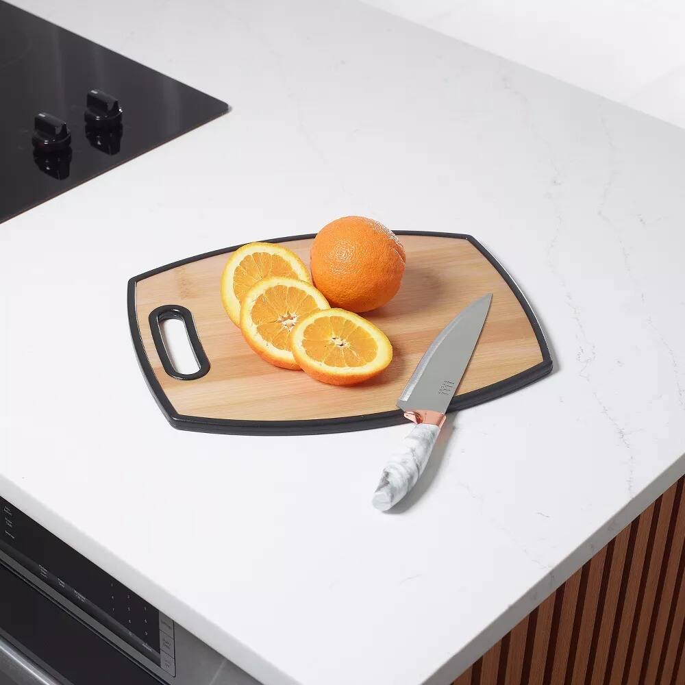 Left. Elle Decor - 3Pc Kitchen Cutting Board Set Bamboo‑Designed Plastic, 8"×12", 9"×14", 12"×15", Nonslip Easy‑Grip Handle Dishwasher Safe - Brown.