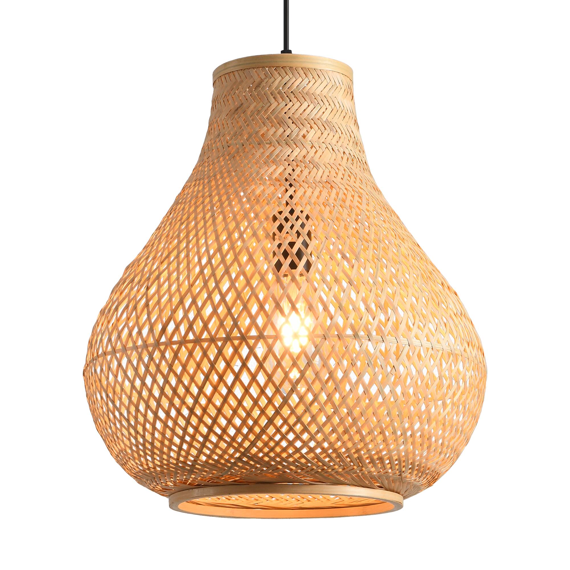 Alt View 5. Parrot Uncle - 1-Light Farmhouse Brown Fish Basket Shape Bamboo Hand-Woven Pendant Lamp.