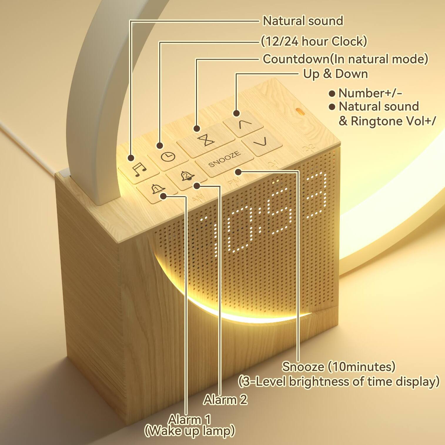 Natural sound  
(12/24 hour Clock)  
Countdown (In natural mode)  
Up & Down  
- Number +/-  
- Natural sound  
- Ringtone Vol +/-  

Snooze (10 minutes)  
(3-Level brightness of time display)  

Alarm 2  
Alarm 1 (Wake up lamp)