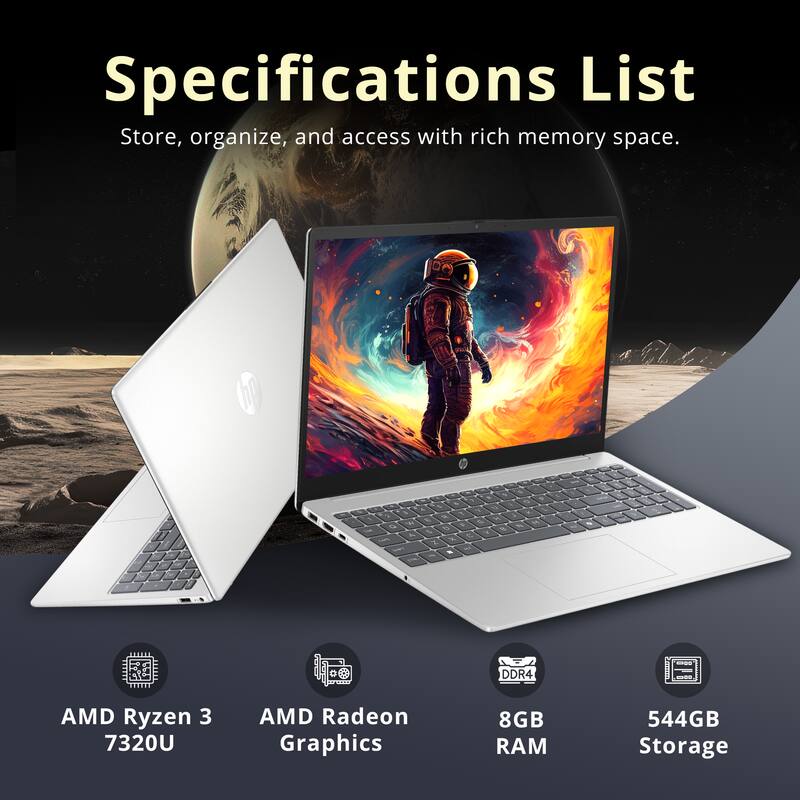 Specifications List  
Store, organize, and access with rich memory space.  

- AMD Ryzen 3 7320U  
- AMD Radeon Graphics  
- 8GB RAM  
- 544GB Storage