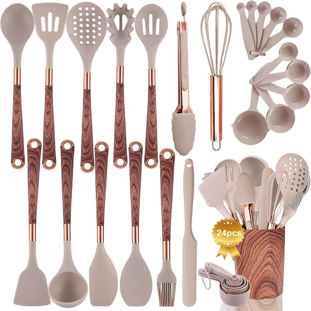 Front. RTMB - 24 pieces of kitchen utensils with wood-patterned handles - wood pattern.