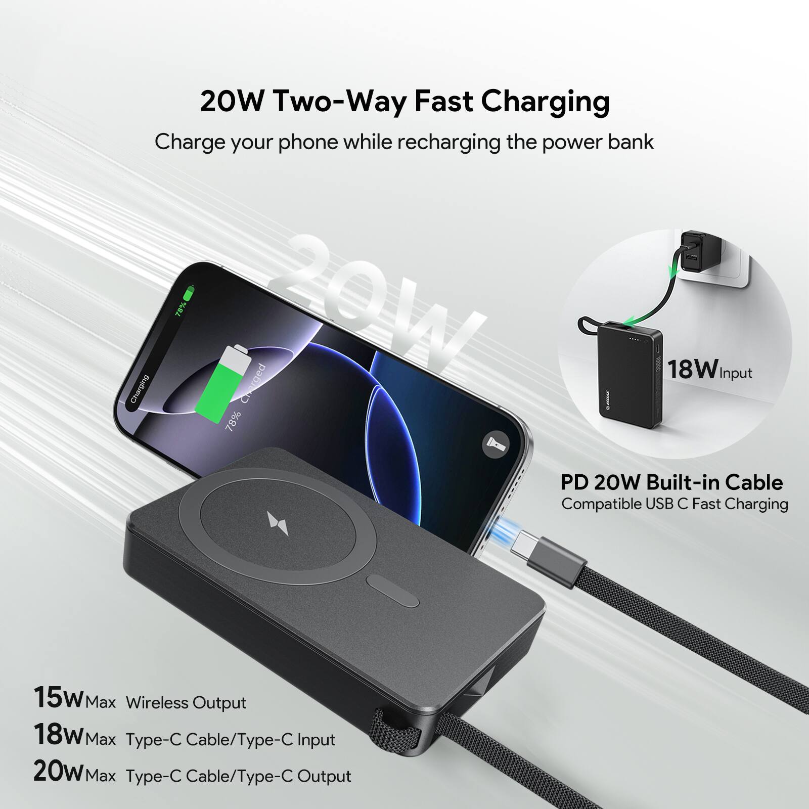 20W Two-Way Fast Charging, Charge your phone while recharging the power bank, 20W, 18W Input, 15w Max Wireless Output, 18w Max Type-C Cable/Type-C Input, 20w Max Type-C Cable/Type-C Output, PD 20W Built-in Cable, Compatible USB C Fast Charging, 7% Charged, 78%
